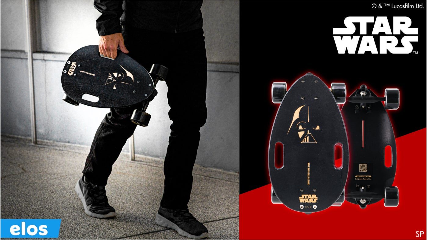 The black Star Wars edition of Elos, carried by hand and shown front and back