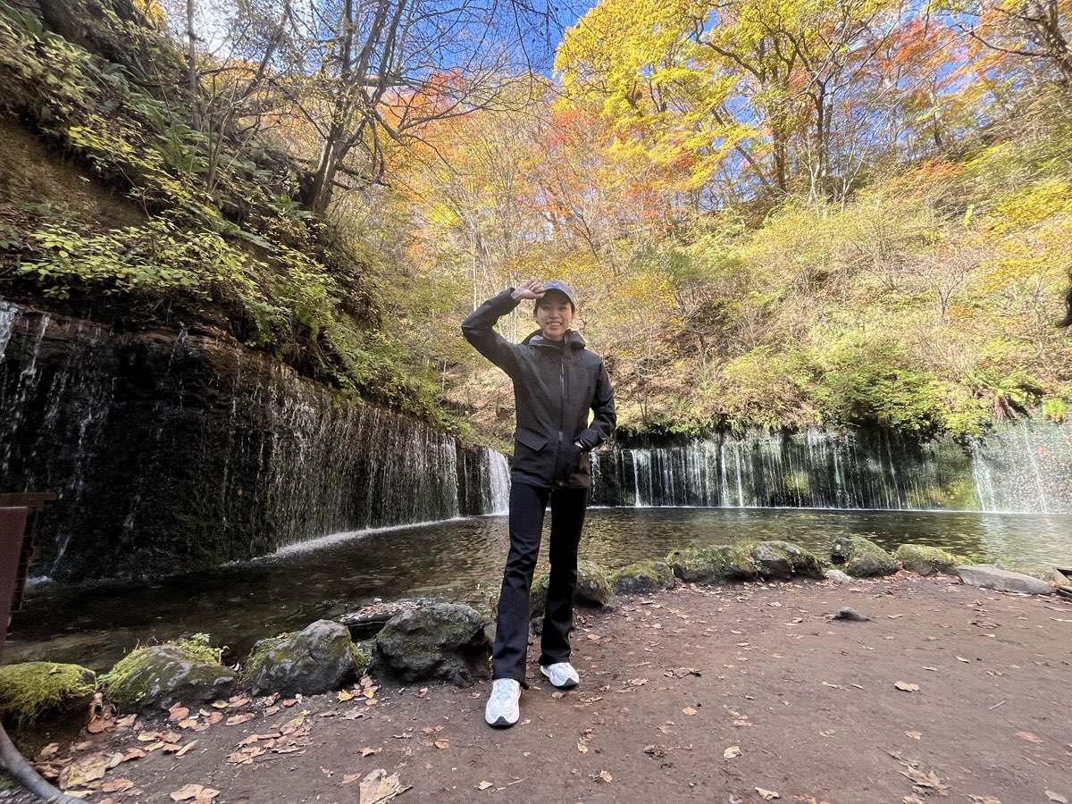 Spring in front of Shiraito Falls in autumn