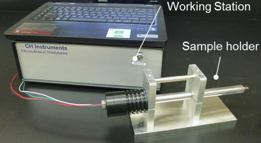 Three-electrode TEM holder on its stand, wired to an electrochemical workstation